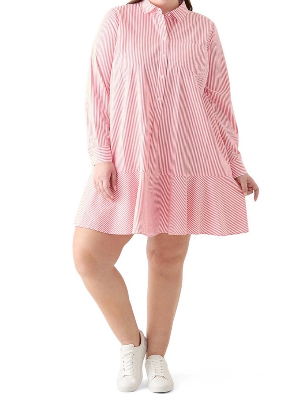 Crown & Ivy Coral Pink Striped Cotton Shirt Dress 1X Plus Pockets